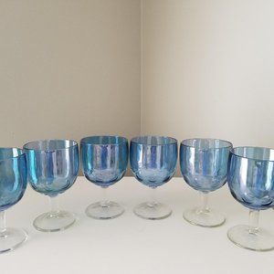 6 Vintage Blue Carnival Glass Goblets